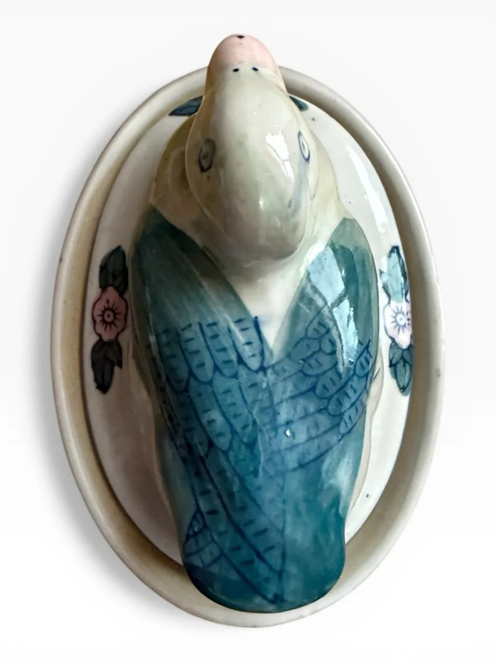 Vintage Ben Rickert Ceramic Oval Floral Nesting Duck Lidded Dish Trinket